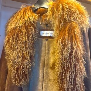 Vintage Jones New York Sport Suede Embroidered Leather Coat Mongolian Sheep Fur